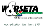 Logo of the wholesale and retail sector education, training authority (w&rseta), with an accreditation number displayed, emphasizing learnerships and skills programmes for differently abled learners.