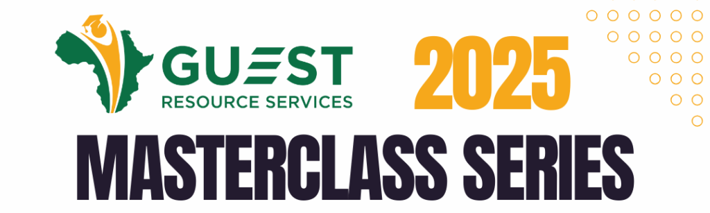 Advertisement for Guest Resource Services' 2025 Masterclass Series with images of three speakers. Dates: April 3, May 29, June 12. Topics: Workplace Ethics, Interview Insights, Cultural Education.