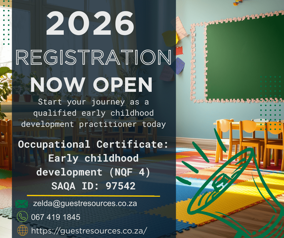 Classroom with colorful mats and chairs; text announces 2026 registration open for an early childhood development certificate program, with contact details and website provided.