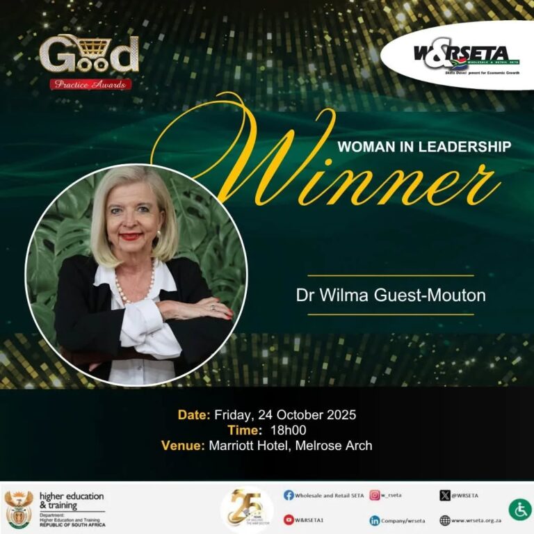 Dr. Wilma Guest-Mouton is announced as the Winner of the Woman in Leadership award at the Good Practice Awards, held on 24 October 2025 at Marriott Hotel, Melrose Arch.
