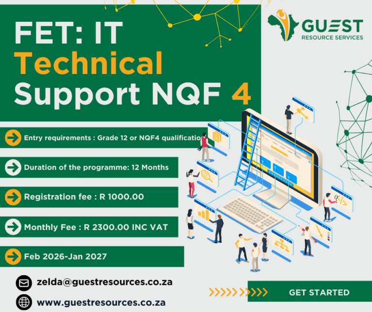 Promotional graphic for FET: IT Technical Support NQF 4, detailing requirements, duration, fees, dates, and contact information for Guest Resource Services.