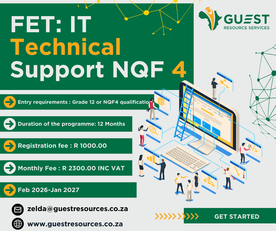 Promotional graphic for FET: IT Technical Support NQF 4 program, showing course details, requirements, fees, and contact information from Guest Resource Services.