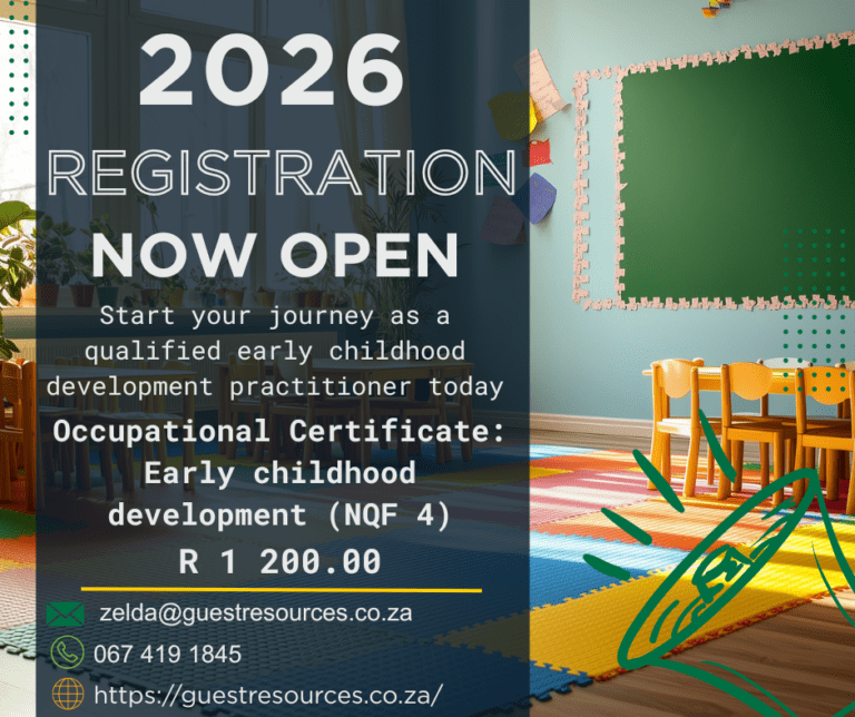 Classroom with colorful mats, small chairs, and a green chalkboard. Text advertises 2026 registration for an early childhood development certificate at R1,200.