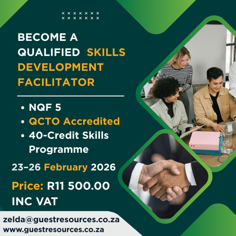 Promotional flyer for a Skills Development Facilitator program, with course details, dates, price, and contact info; includes photos of people working and a handshake.
