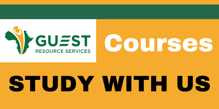 A rectangular banner with the Guest Resource Services logo on the left and bold text reading "Courses STUDY WITH US" on an orange background.