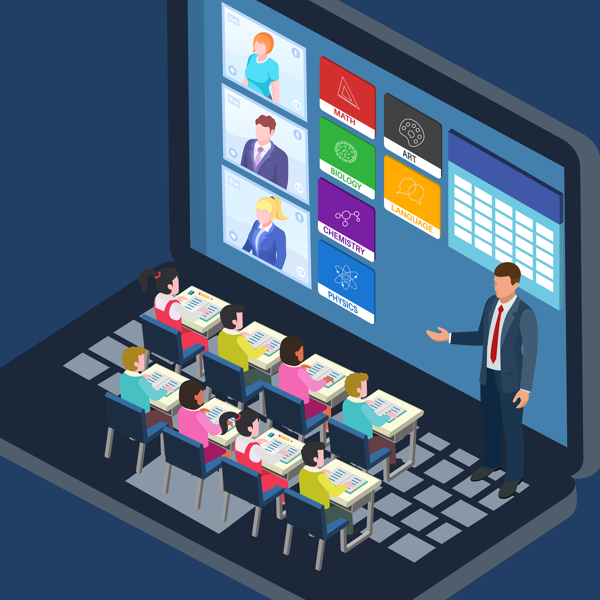 Illustration of students in a classroom sitting at desks with a teacher, shown inside an open laptop displaying virtual lessons and subject icons on the screen.