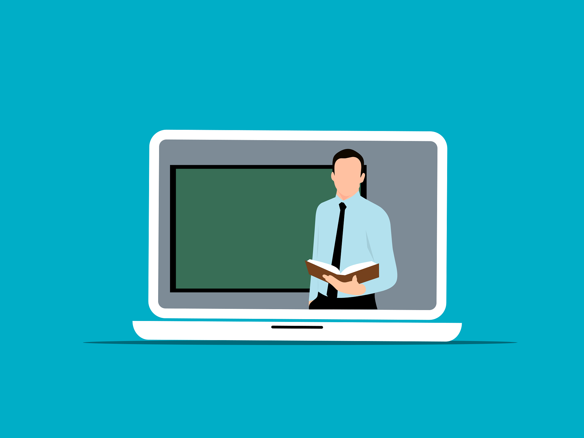 Illustration of a man holding a book and standing in front of a chalkboard on a laptop screen, representing online teaching or virtual learning.