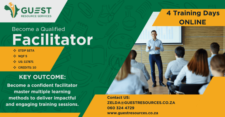 A man stands in front of seated adults giving a presentation. Text advertises a 4-day online facilitator training course by Guest Resource Services.