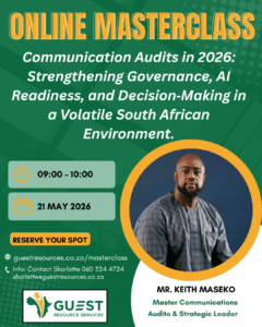 Online masterclass flyer for "Communication Audits in 2026" with Mr. Keith Maseko, scheduled for 21 May 2026 from 09:00 to 10:00, hosted by Guest Resource Services.