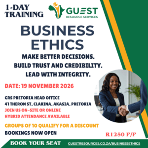 A flyer advertising a Business Ethics training on 19 November 2026, with online and onsite options, discount for groups, and booking details. A smiling woman in business attire is pictured.