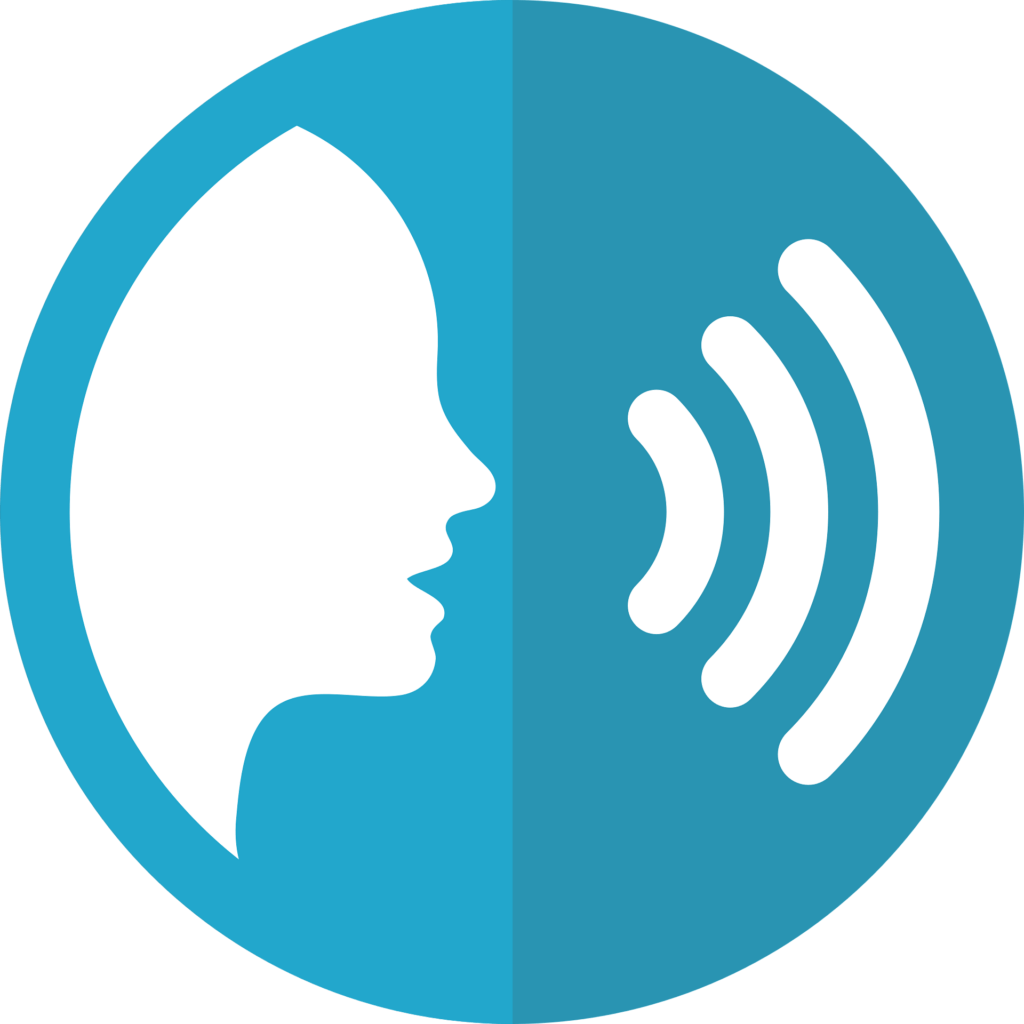 Icon of a person’s profile speaking, with sound waves emerging from the mouth, on a blue and white circular background.