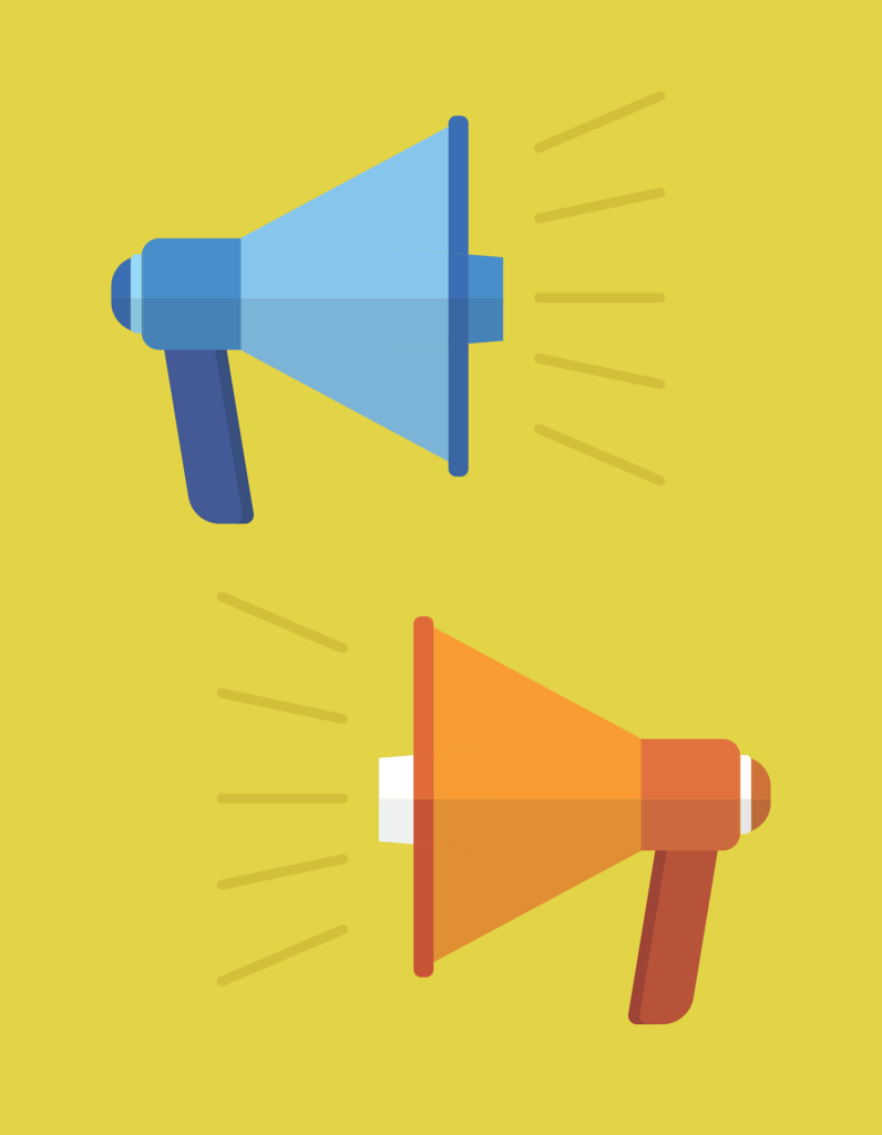 Illustration of a blue megaphone and an orange megaphone emitting sound waves on a yellow background.
