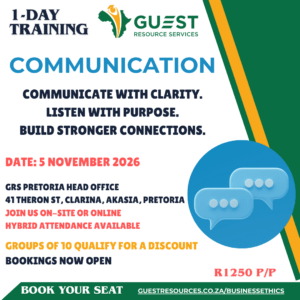 1-day communication training by Guest Resource Services on Nov 5, 2026, at GRS Pretoria; onsite or online. Groups of 10 get discount. Booking open. Fee: R1250 per person.