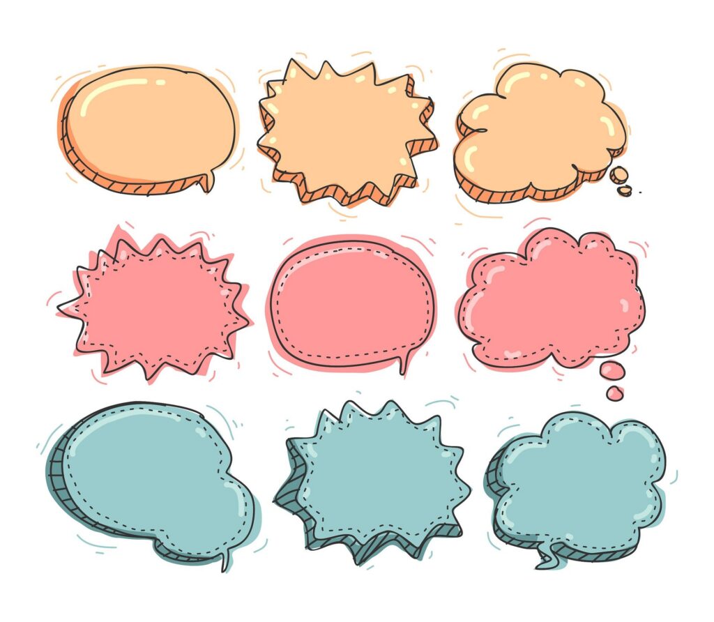 Nine colorful speech and thought bubbles in peach, pink, and blue, with varied shapes and hand-drawn outlines, arranged in three rows on a white background.