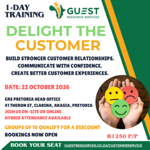 Promotional graphic for a customer service training course on 22 Oct 2026, with location, pricing, attendance options, and discount info. Features illustrated happy, neutral, and sad faces.