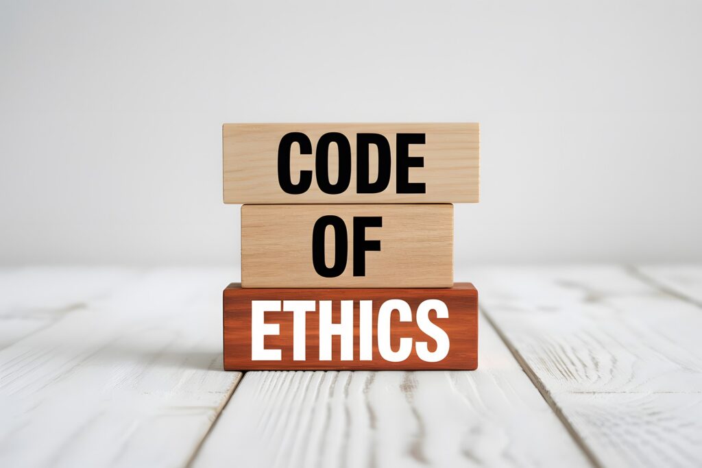 Three wooden blocks stacked on a white surface display the words “CODE OF ETHICS” in bold black and white text against a neutral background.