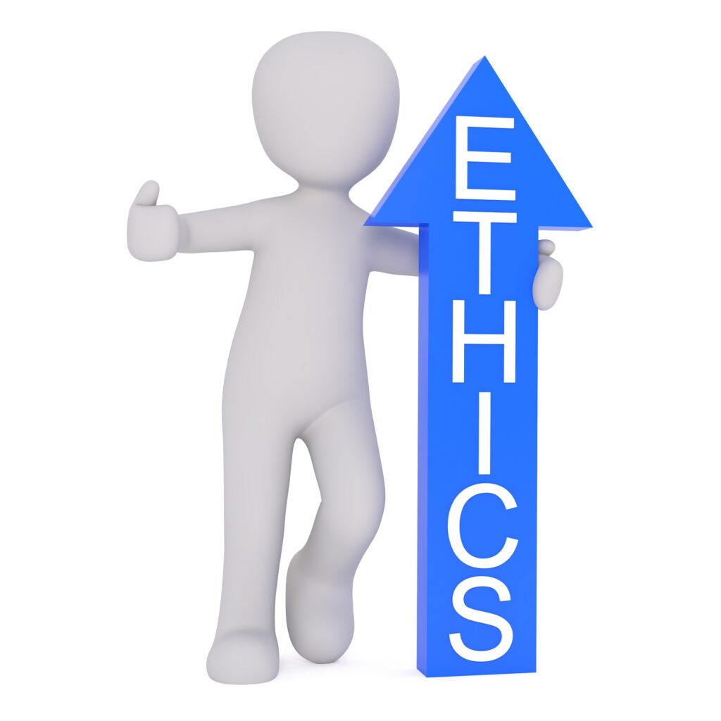 3D figure giving a thumbs up and leaning on a large blue arrow pointing up with the word “ETHICS” written vertically.