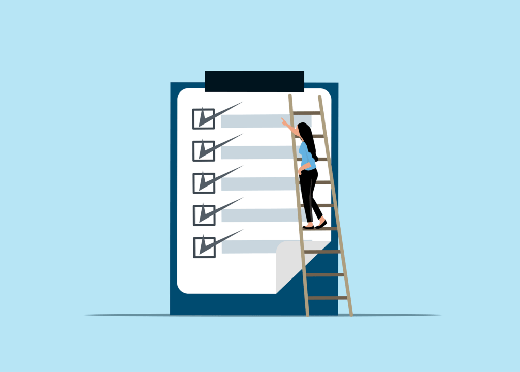 A woman on a ladder checks off boxes on a large checklist clipboard against a light blue background.