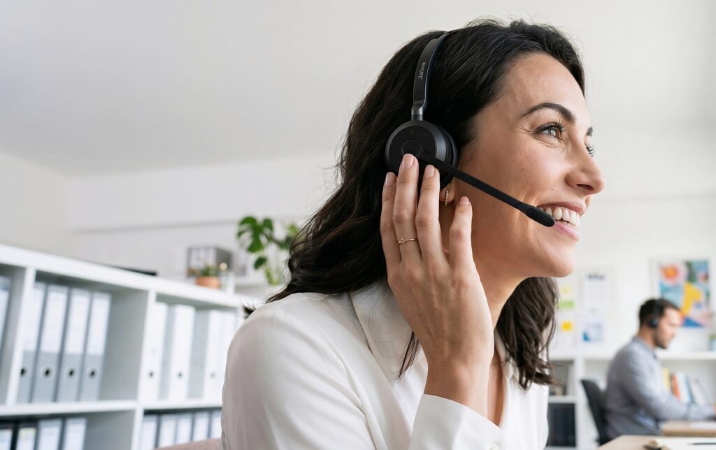 Woman wearing a headset and smiling while working at an office desk, with shelves and another person in the background.