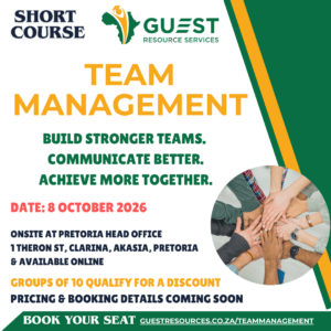 Team Management short course ad with details on date, location, group discounts, and booking info. Hands joined in a teamwork gesture at the bottom right.