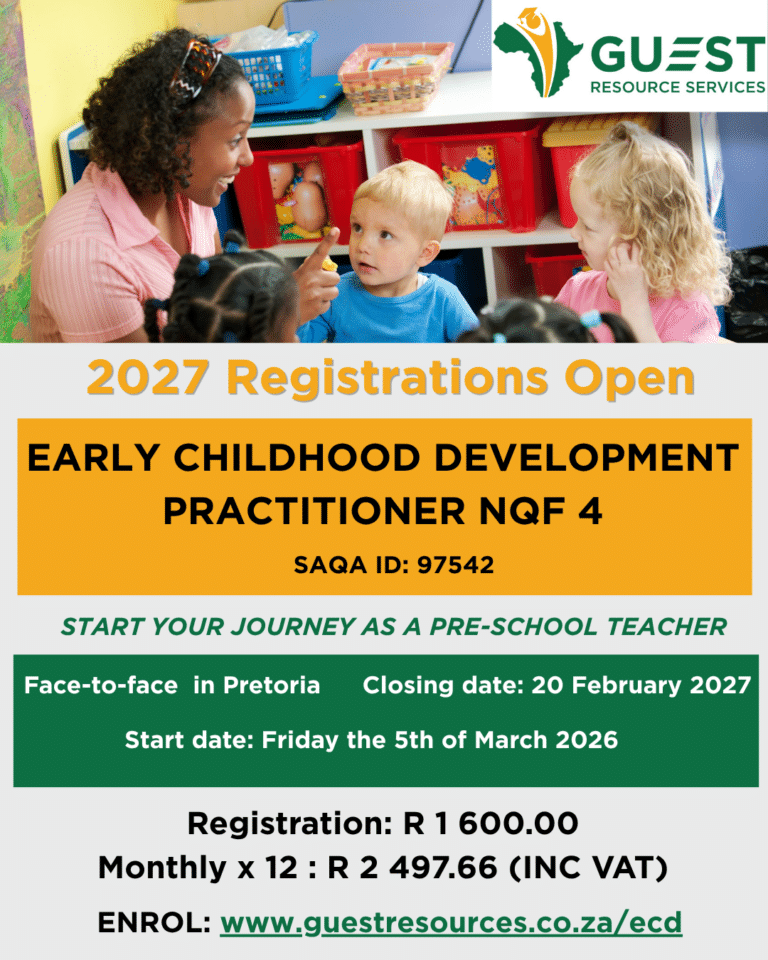 An instructor sits with children in a classroom above text announcing 2027 registrations for the Early Childhood Development Practitioner NQF 4 course, including fees, dates, and enrollment link.