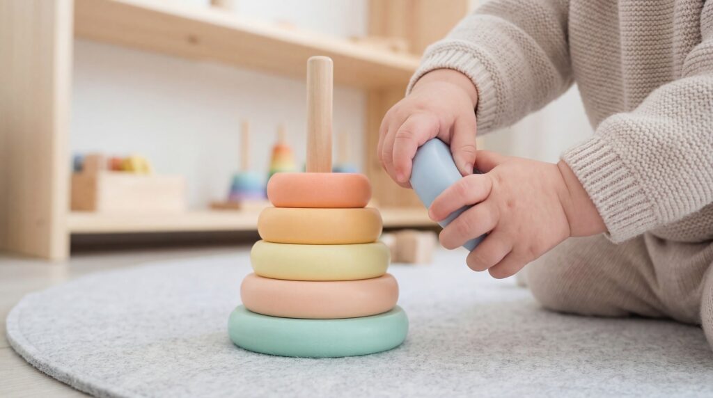 A child’s hands placing a light blue ring onto a wooden stacking toy.