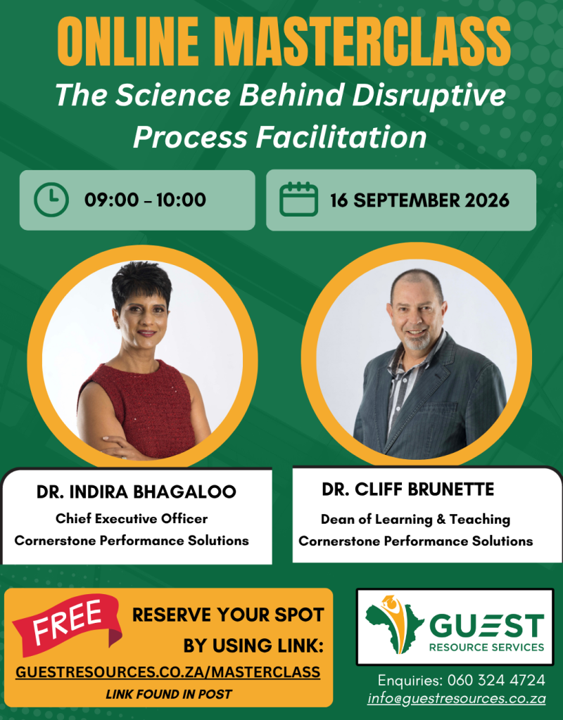 Promotional poster for an online masterclass on process facilitation, featuring Dr. Indira Bhagaloo and Dr. Cliff Brunette, with event details, booking info, and company logos.